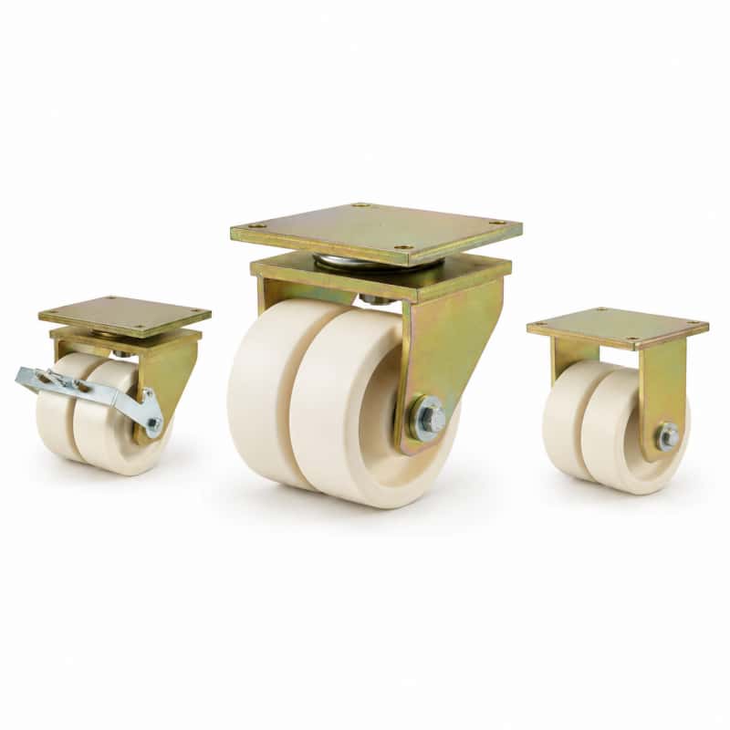 Three extra heavy-duty caster wheels in top plate mounting style, with dual white color MC nylon wheel and golden color zinc plated metal bracket.