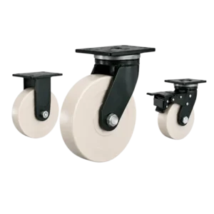 Three extra heavy-duty caster wheels in top plate mounting style, with white color MC nylon wheel and dark green color powder coated metal bracket.