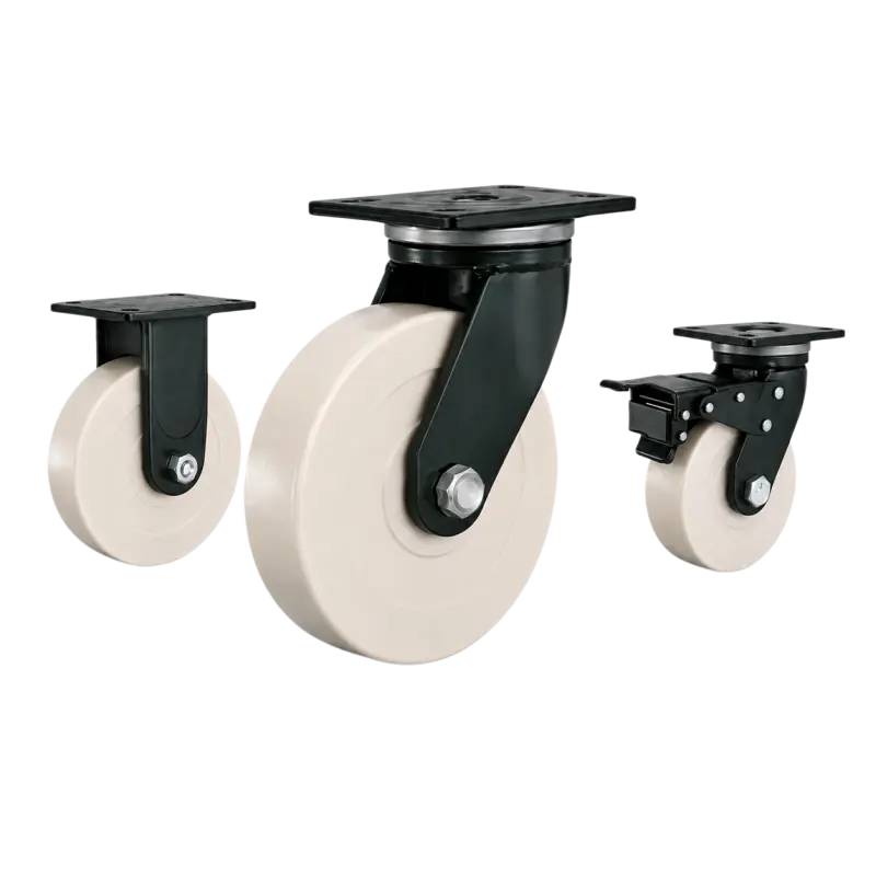 Three extra heavy-duty caster wheels in top plate mounting style, with white color MC nylon wheel and dark green color powder coated metal bracket.