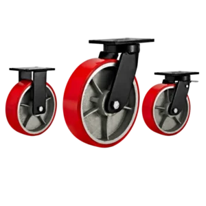 Three extra heavy-duty caster wheels in top plate mounting style, with red color PU tread silver cast iron core wheel and black color E-coated metal bracket.
