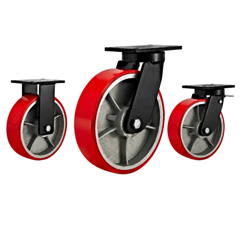Three extra heavy-duty caster wheels in top plate mounting style, with red color PU tread silver cast iron core wheel and black color E-coated metal bracket.