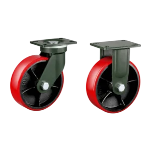 Two extra heavy-duty caster wheels in top plate mounting style, with red color PU tread black color cast iron core wheel and dark green color powder coated metal bracket.