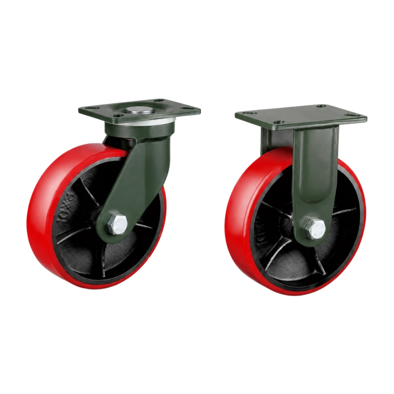 Two extra heavy-duty caster wheels in top plate mounting style, with red color PU tread black color cast iron core wheel and dark green color powder coated metal bracket.
