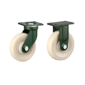 Two extra heavy-duty caster wheels in top plate mounting style, with white color MC nylon wheel and dark green color powder coated metal bracket.