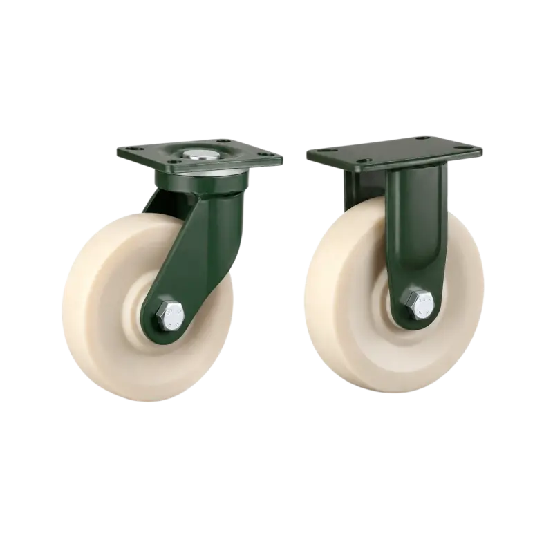 Two extra heavy-duty caster wheels in top plate mounting style, with white color MC nylon wheel and dark green color powder coated metal bracket.