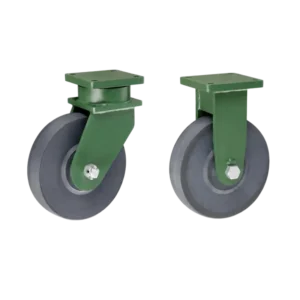 Two extra heavy-duty caster wheels in top plate mounting style, with black color MC nylon wheel and dark green color powder coated metal bracket.