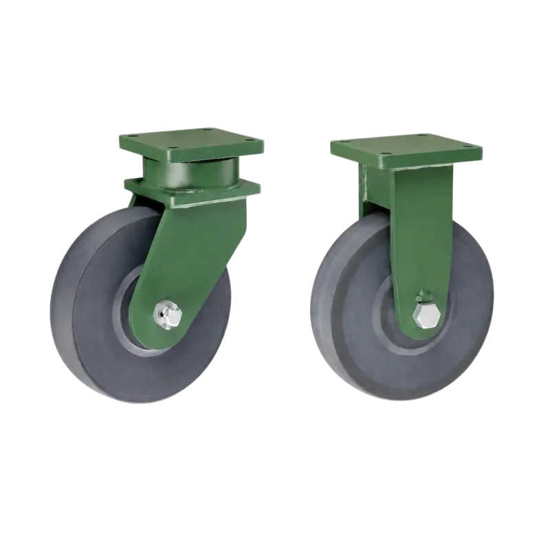 Two extra heavy-duty caster wheels in top plate mounting style, with black color MC nylon wheel and dark green color powder coated metal bracket.