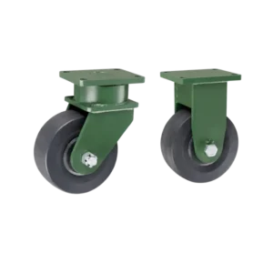Two extra heavy-duty caster wheels in top plate mounting style, with black color MC nylon wheel and dark green color powder coated metal bracket.