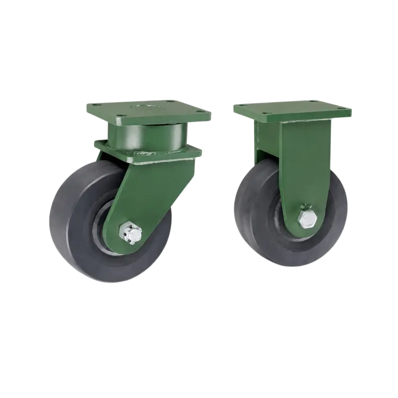 Two extra heavy-duty caster wheels in top plate mounting style, with black color MC nylon wheel and dark green color powder coated metal bracket.