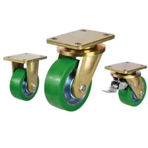 Three extra heavy-duty caster wheels in top plate mounting style, with green color PU on cast iron core wheel and golden color zinc plated metal bracket.