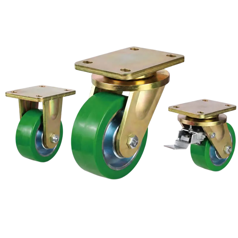 Three extra heavy-duty caster wheels in top plate mounting style, with green color PU on cast iron core wheel and golden color zinc plated metal bracket.