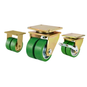 Three extra heavy-duty caster wheels in top plate mounting style, with dual green color PU on cast iron core wheel and golden color zinc plated metal bracket.