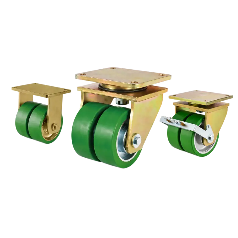 Three extra heavy-duty caster wheels in top plate mounting style, with dual green color PU on cast iron core wheel and golden color zinc plated metal bracket.
