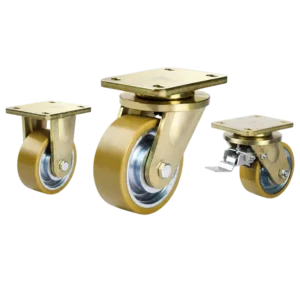 Three extra heavy-duty caster wheels in top plate mounting style, with dual orange color PU on cast iron core wheel and golden color zinc plated metal bracket.