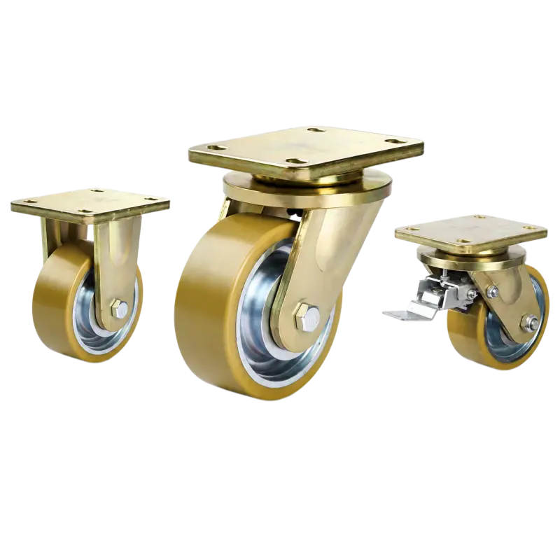 Three extra heavy-duty caster wheels in top plate mounting style, with dual orange color PU on cast iron core wheel and golden color zinc plated metal bracket.
