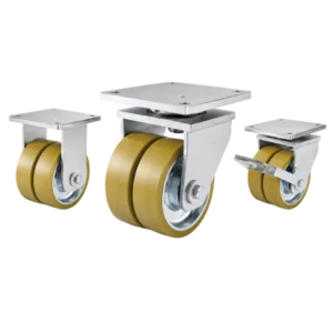 Three extra heavy-duty caster wheels in top plate mounting style, with dual dark yellow color PU on cast iron core wheel and golden color zinc plated metal bracket.