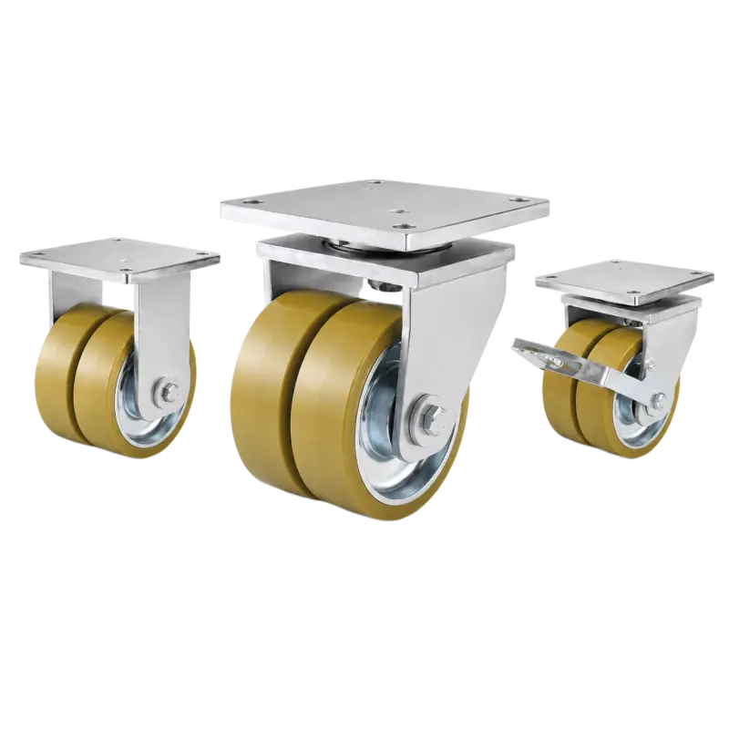 Three extra heavy-duty caster wheels in top plate mounting style, with dual dark yellow color PU on cast iron core wheel and golden color zinc plated metal bracket.