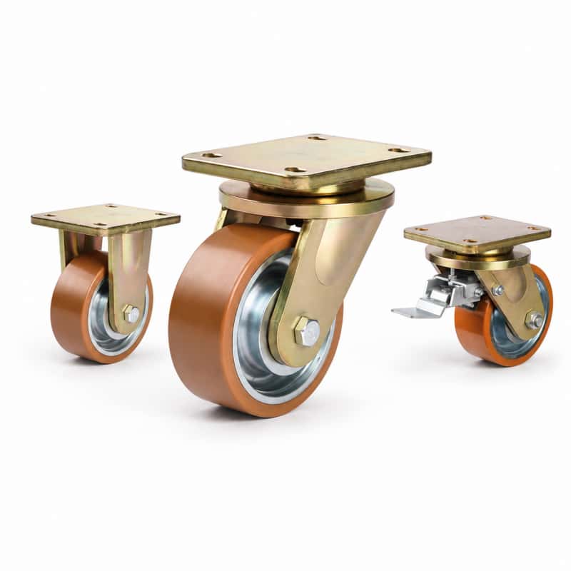 Three extra heavy-duty caster wheels in top plate mounting style, with brown color PU on cast iron core wheel and golden color zinc plated metal bracket.