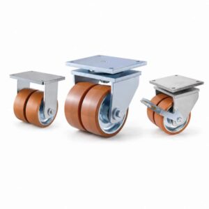 Three extra heavy-duty caster wheels in top plate mounting style, with dual brown color PU on cast iron core wheel and silver color zinc plated metal bracket.