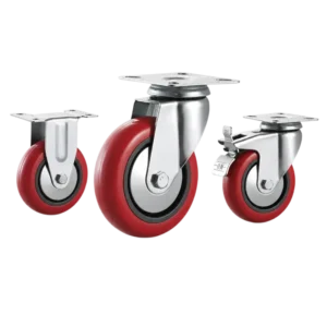 Three light-duty caster wheels in top plate mounting style, with red color PU wheel and silver color zinc plated metal bracket.