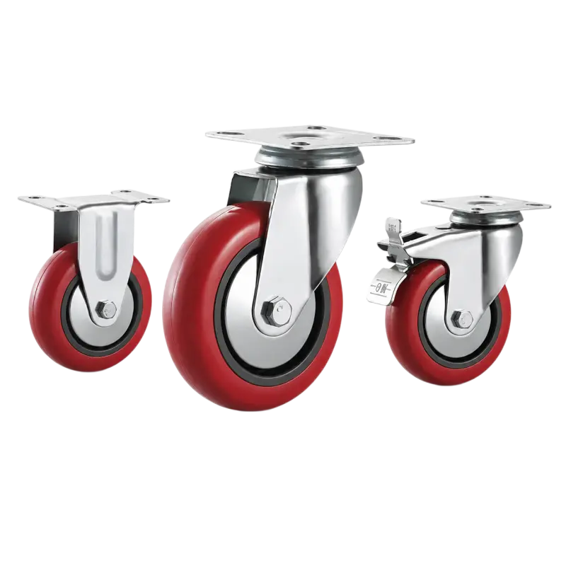 Three light-duty caster wheels in top plate mounting style, with red color PU wheel and silver color zinc plated metal bracket.