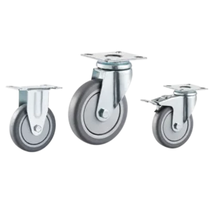 Three light-duty caster wheels in top plate mounting style, with grey color TPR wheel and silver color zinc plated metal bracket.