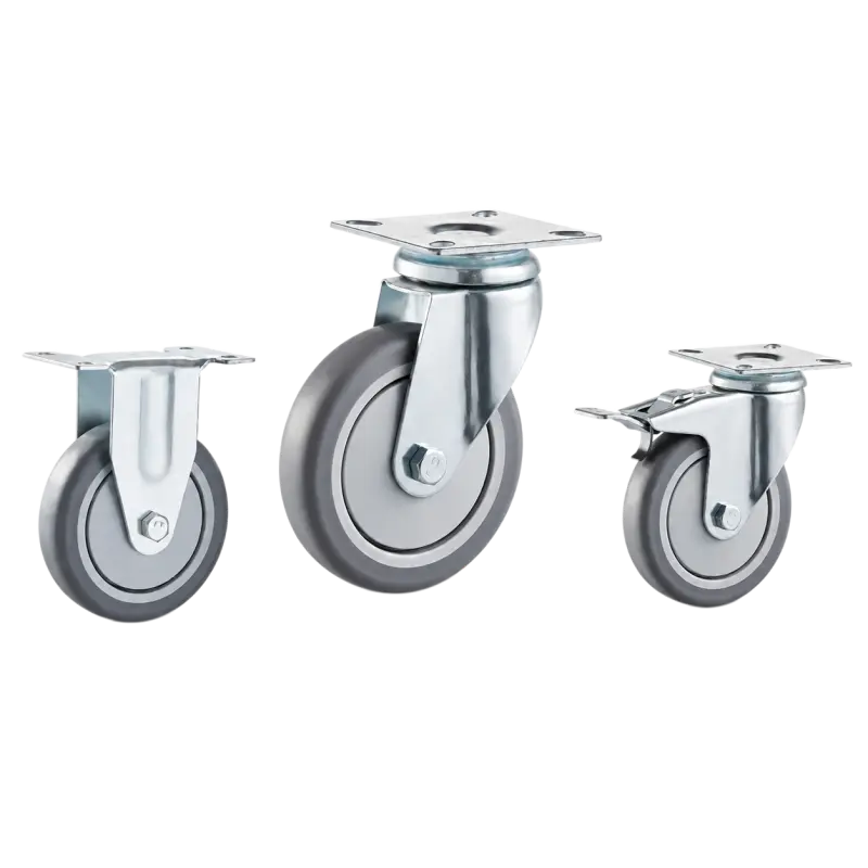 Three light-duty caster wheels in top plate mounting style, with grey color TPR wheel and silver color zinc plated metal bracket.
