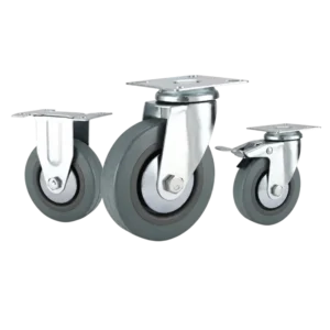 Three light-duty caster wheels in top plate mounting style, with gray color rubber wheel and silver color wheel cap