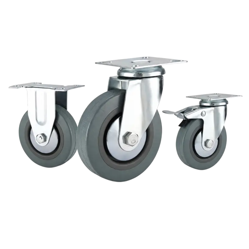 Three light-duty caster wheels in top plate mounting style, with gray color rubber wheel and silver color wheel cap
