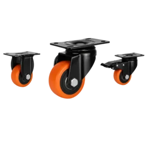 Three light-duty caster wheels in top plate mounting style, with orange color PU wheel and black color e-coated metal housing.