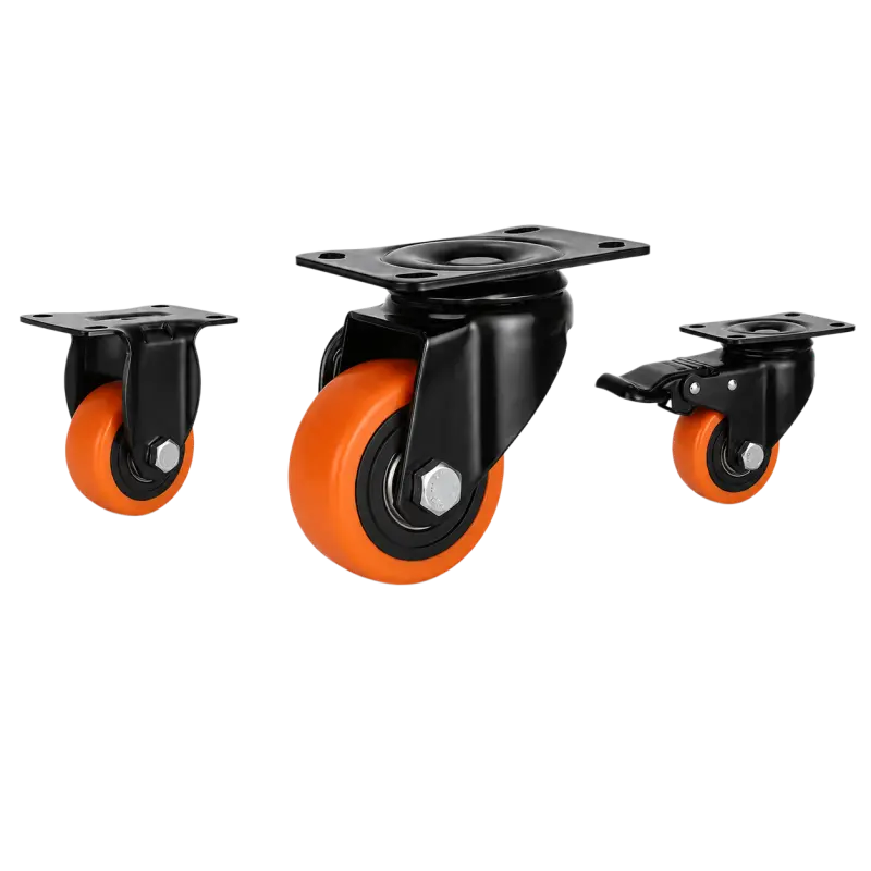 Three light-duty caster wheels in top plate mounting style, with orange color PU wheel and black color e-coated metal housing.