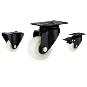 Three light-duty caster wheels in top plate mounting style, with white color plastic wheel and black color E-coated metal bracket.