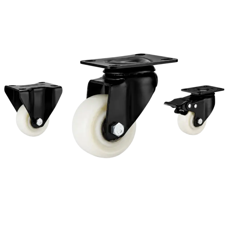 Three light-duty caster wheels in top plate mounting style, with white color plastic wheel and black color E-coated metal bracket.