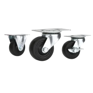 Three light-duty low profile caster wheels in top plate mounting style, with black color rubber wheel and silver color zinc plated metal bracket.