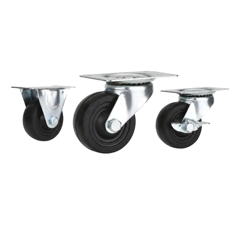 Three light-duty low profile caster wheels in top plate mounting style, with black color rubber wheel and silver color zinc plated metal bracket.
