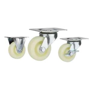 Three light-duty low profile caster wheels in top plate mounting style, with white color nylon wheel and silver color zinc plated metal bracket.