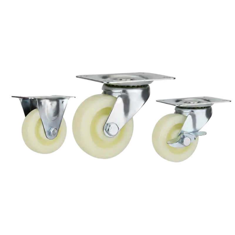 Three light-duty low profile caster wheels in top plate mounting style, with white color nylon wheel and silver color zinc plated metal bracket.