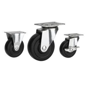 Three light-duty caster wheels in top plate mounting style, with black color rubber wheel and silver color zinc plated metal bracket.