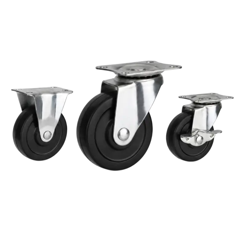 Three light-duty caster wheels in top plate mounting style, with black color rubber wheel and silver color zinc plated metal bracket.