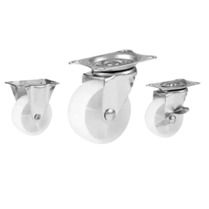 Three light-duty caster wheels in top plate mounting style, with white color nylon wheel and silver color zinc plated metal bracket.