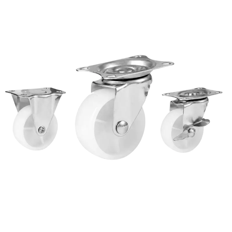 Three light-duty caster wheels in top plate mounting style, with white color nylon wheel and silver color zinc plated metal bracket.