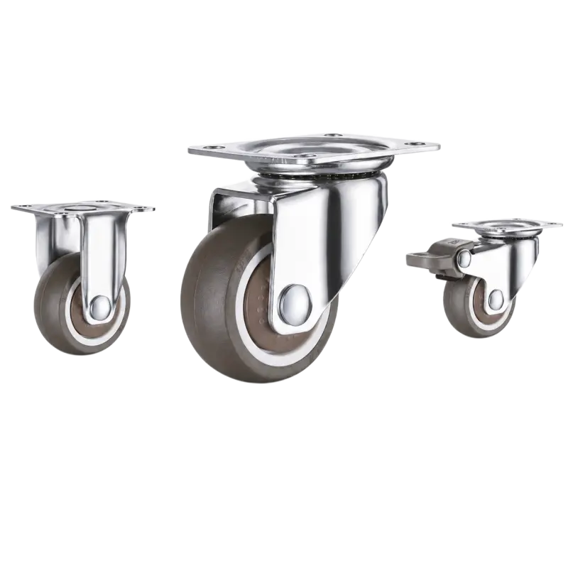 Three light-duty caster wheels in top plate mounting style, with brown color TPE wheel and silver color zinc plated metal bracket.