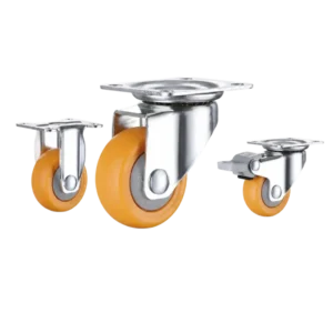 Three light-duty caster wheels in top plate mounting style, with orange color nylon wheel and silver color zinc plated metal bracket.