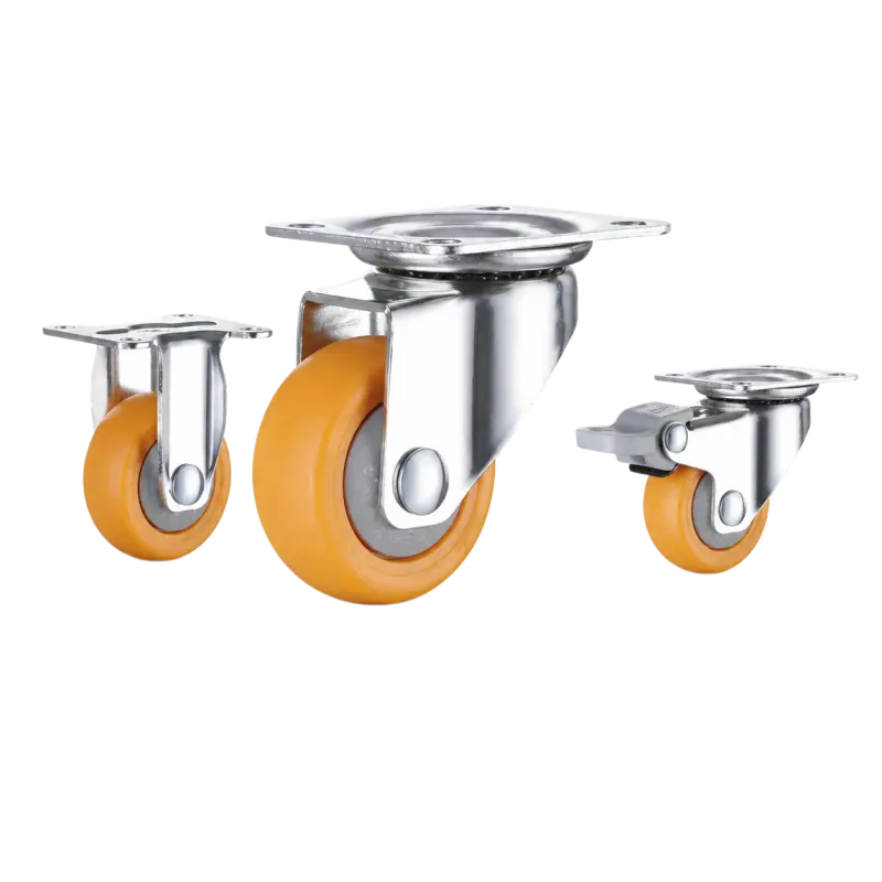 Three light-duty caster wheels in top plate mounting style, with orange color nylon wheel and silver color zinc plated metal bracket.