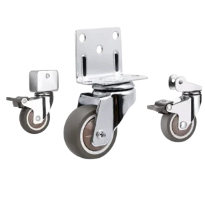 Three light-duty caster wheels with brown color TPE wheel and silver color zinc plated U and L shape bracket.