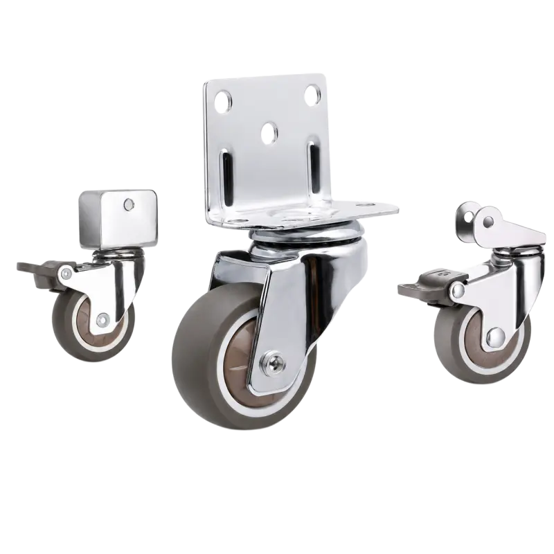 Three light-duty caster wheels with brown color TPE wheel and silver color zinc plated U and L shape bracket.