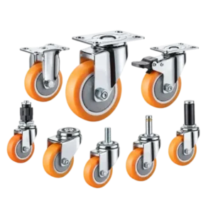 eight light-duty caster wheels in top plate mounting style, with orange color nylon wheel and silver color zinc plated metal bracket.