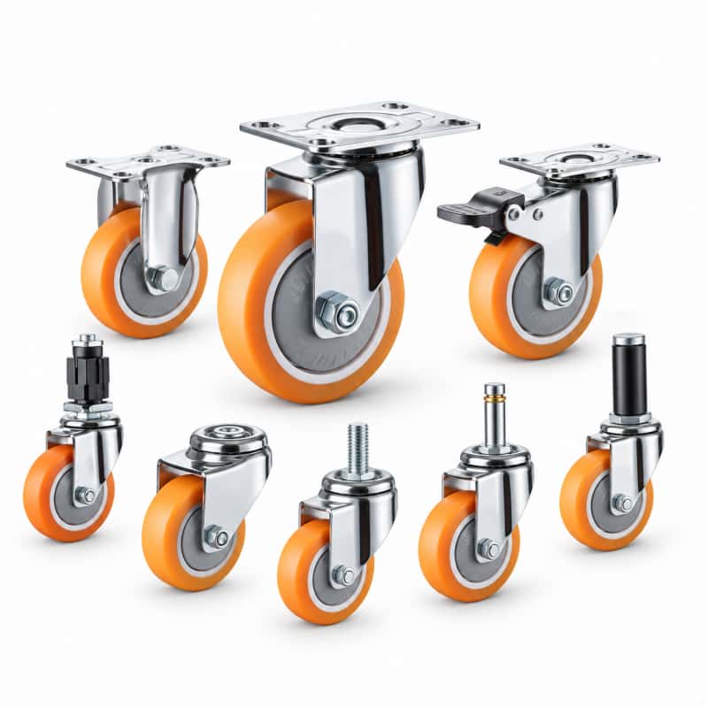 eight light-duty caster wheels in top plate, bolt hole and stem mounting style, with orange color wheel and silver color zinc plated metal bracket.