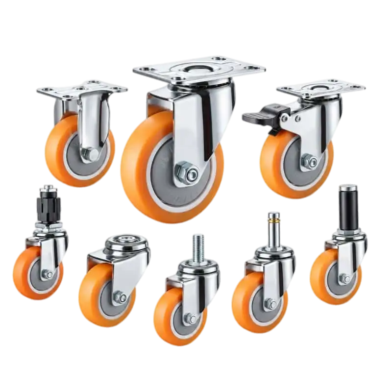 eight light-duty caster wheels in top plate mounting style, with orange color nylon wheel and silver color zinc plated metal bracket.