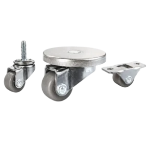 Three light-duty small caster wheels in various mounting style, with brown color TPE wheel and silver color zinc plated metal bracket.